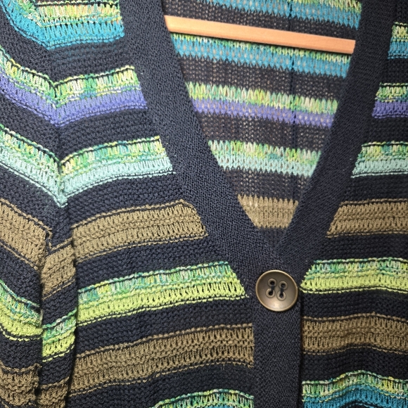 Monterey Bay Navy Green & Brown Striped Short Sleeve Cardigan Size Medium - Picture 3 of 8